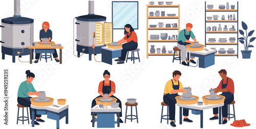 Pottery Studio Vector Set Featuring Potters at Work with Pottery Wheel, Kiln, Clay Tools, and Shelves for Ceramic Art and Crafting