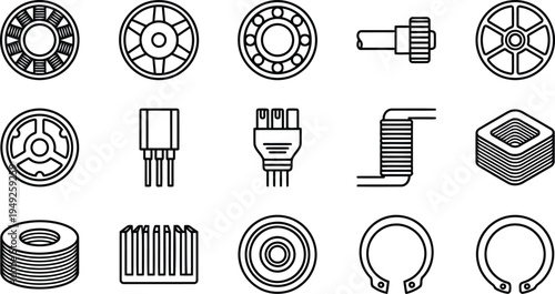 Collection of mechanical and electronic components as line art icons representing industry and technology