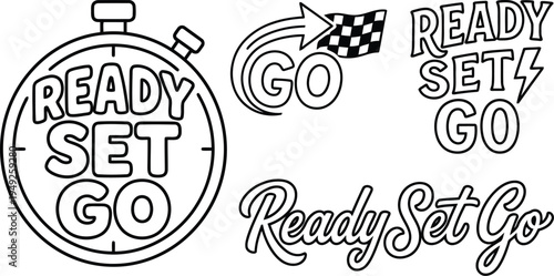 A collection of five unique ready set go phrases and graphics including a stopwatch racing flag and lightning bolt isolated on transparent background