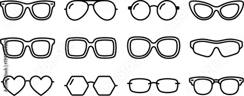 A Diverse Collection of Eyewear Styles Including Sunglasses and Eyeglasses Presented as Outlined Icons in a Grid Formation