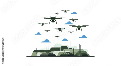Drone swarm over military base, illustrating modern warfare technology.