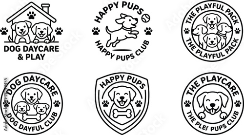Collection of charming cartoon dog logos and icons representing daycare and play clubs for happy pups