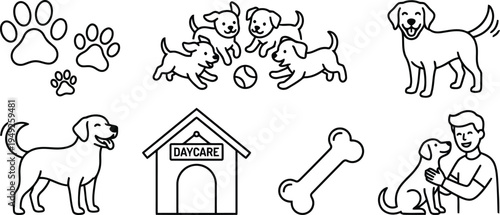 Collection of various delightful dog icons featuring playful puppies paw prints and a happy owner interacting with their pet
