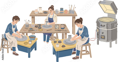 Pottery Workshop Vector Set Featuring Potters Shaping Clay, Kiln, and Ceramic Tools for Crafting, Art Classes, and Creative Studios