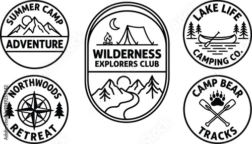 Collection of vintage outdoor adventure and camping themed circular graphic badges with line art illustrations and text