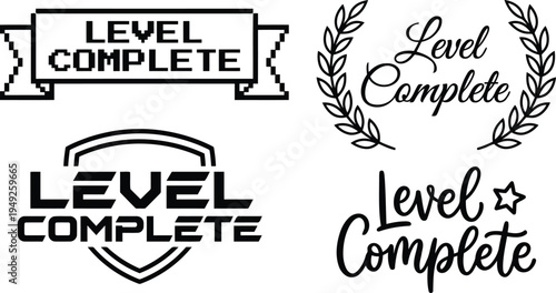 Four distinct graphical elements celebrating level completion with retro pixel art and elegant script typography isolated on transparent background