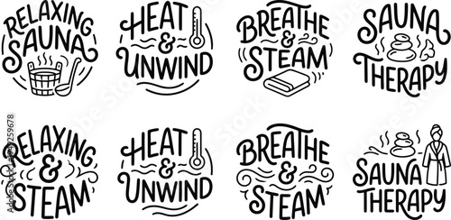 Collection of handdrawn typographic illustrations for sauna and spa relaxation including steam and heat themes