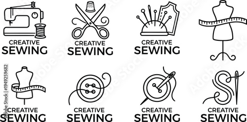 Collection of creative sewing icons with sewing machine scissors buttons and mannequin on transparent background