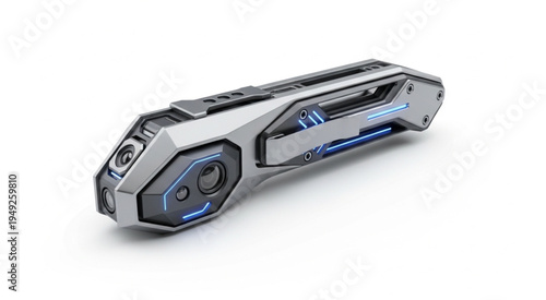 Sleek Silver and Blue Futuristic Pocket Knife with Intricate Design.