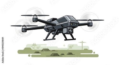 Illustration of a modern drone with camera flying over terrain.