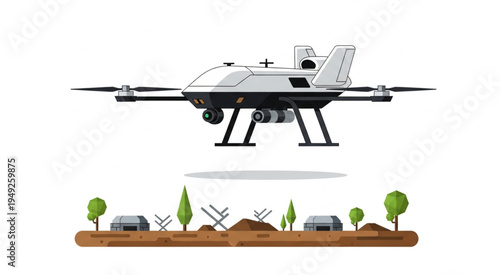 Military Drone Surveillance Over Battlefield with Bunkers and Barbed Wire.