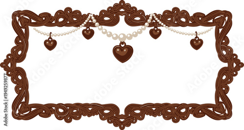 A beautifully designed brown frame with hearts and pearls on a white background