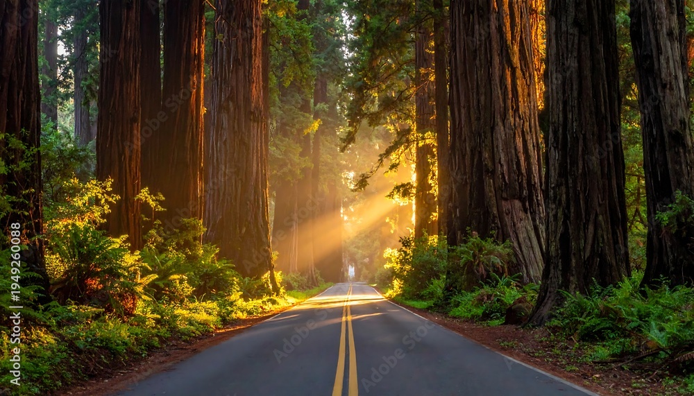 Fototapeta premium Road receding into sun-drenched forest, towering redwood trees flank asphalt. Ferns flourish along the roadside