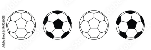 Soccer Ball Icon Set, six black and white vector icons in a row, classic filled and line art designs, isolated on white background, suitable for sports logos, football branding, and digital design.