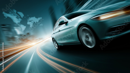 Car speeding on Road: Captures a sleek, modern car in motion, navigating a blurred road, evoking speed and global travel against a world map backdrop.