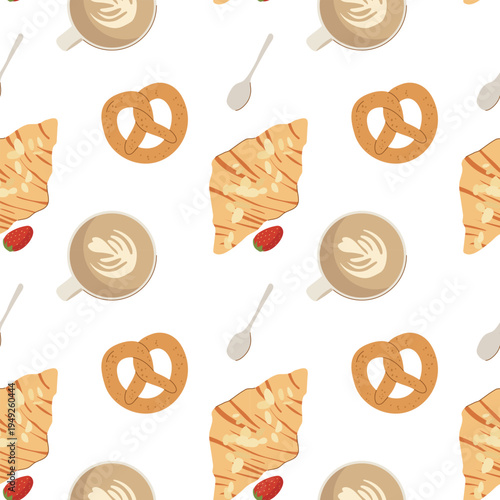 Breakfast seamless pattern with coffee cup croissant and pretzel
