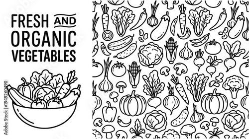 Fresh organic vegetables pattern and bowl isolated on white background