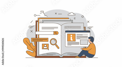 Person Learning and Searching for Information Online with an Open Book and Computer Screen Illustration
