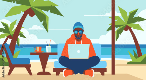 Digital Nomad Working Remotely on Laptop at Tropical Beach During Summer Vacation Flat Vector Illustration