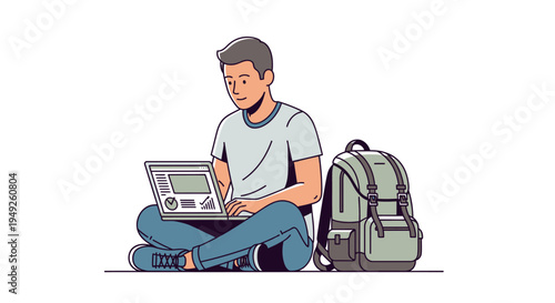 Young man with laptop and backpack, studying or working remotely
