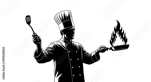 Chef Cooking With Fire In Pan And Spatula, Black and White Silhouette