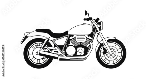 Classic Motorcycle Illustration - Side View, Black and White Line Art