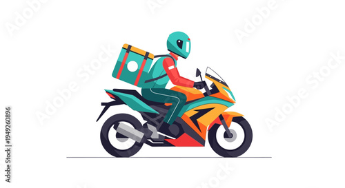 Delivery rider on motorcycle with insulated backpack, fast service concept