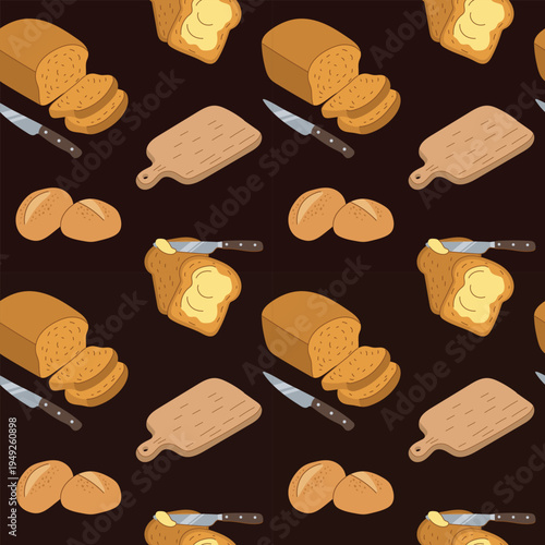 Dark seamless pattern with bread loaf buns and buttered toast