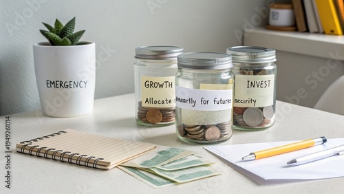 Organized savings jars for personal finance management with cash and notes on a modern workspace table setting