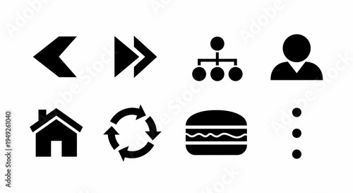 Set of Black Icons Arrows User Menu House Refresh Burger