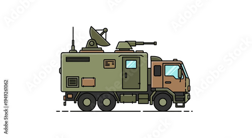 Military Radar Truck with Satellite Dish and Cannon - Vector Illustration