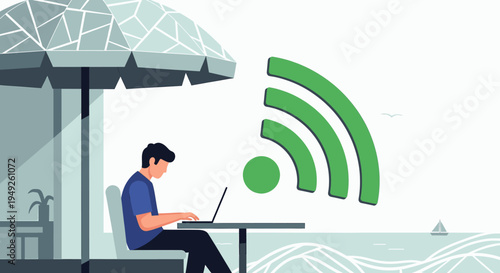 Person Working Remotely on Laptop Under Umbrella by the Sea with Wifi Symbol
