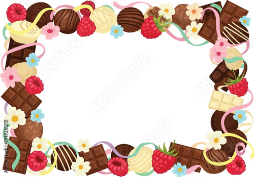 A colorful illustration of a chocolate border with flowers and berries on a white background