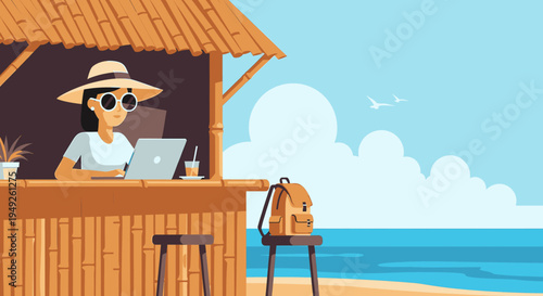 Woman Working on Laptop at Beach Hut with Backpack and Tropical Drink