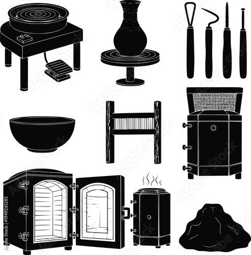 black silhouettes of various kitchen appliances and furniture vector illustration