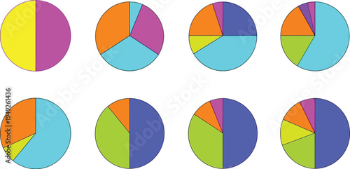Eight colorful pie charts display evolving data segmentation and proportional distribution across a white background.