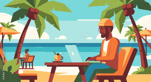 Bearded Man Working on Laptop at Tropical Beach with Palm Trees and Ocean Flat Vector Illustration