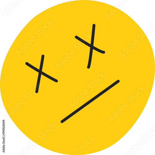 A bright yellow circular face is depicted with crossed out eyes and a downturned mouth conveying a sense of frustration or defeat high quality professional detailed