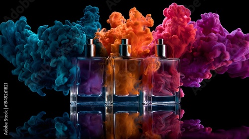 Vibrant ink swirls rise behind three perfume bottles