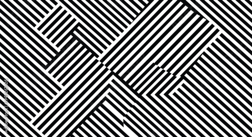 Abstract geometric pattern featuring black and white diagonal stripes in a seamless maze-like arrangement for modern background, textile print, wrapping paper, and graphic design.