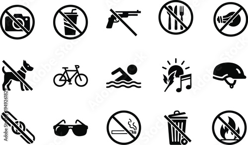 A collection of black and white prohibition signs illustrates various restrictions including no photography, no dogs, and no open.