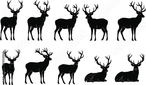 Black silhouettes of deer with antlers on white background