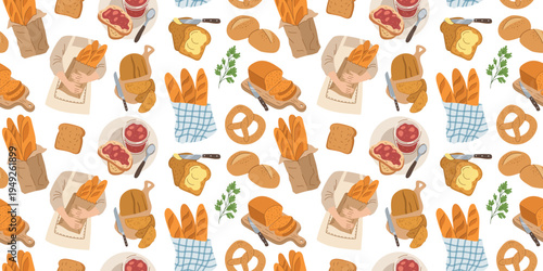 Large bakery seamless pattern with assorted breads pretzels and toast