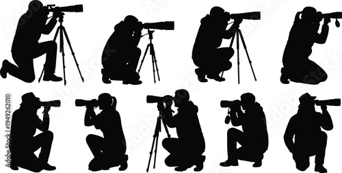 Vector illustration of photographers silhouettes kneeling and squatting with cameras and tripods, symbolizing photography, wildlife shooting, outdoor work, creativity, technology, and professional