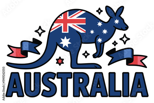 Happy kangaroo with Australian flag design leaping over bold lettering spelling out country name