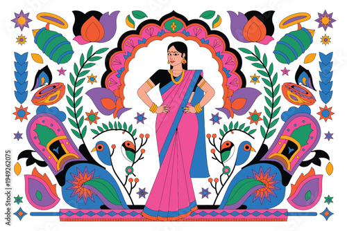 Indian woman in traditional pink sari standing amidst vibrant floral and peacock motifs in a decorative ethnic pattern