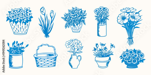 Collection of blue floral arrangements in vases and baskets