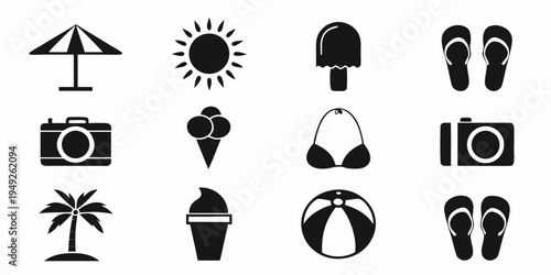 Summer vacation icons beach umbrella sun ice cream and flip flops