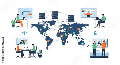 Global Connectivity: Remote Work, Virtual Collaboration, and Cloud Computing Network Illustration