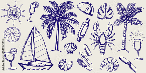 Vintage nautical and tropical sketch collection with palm trees and sea life